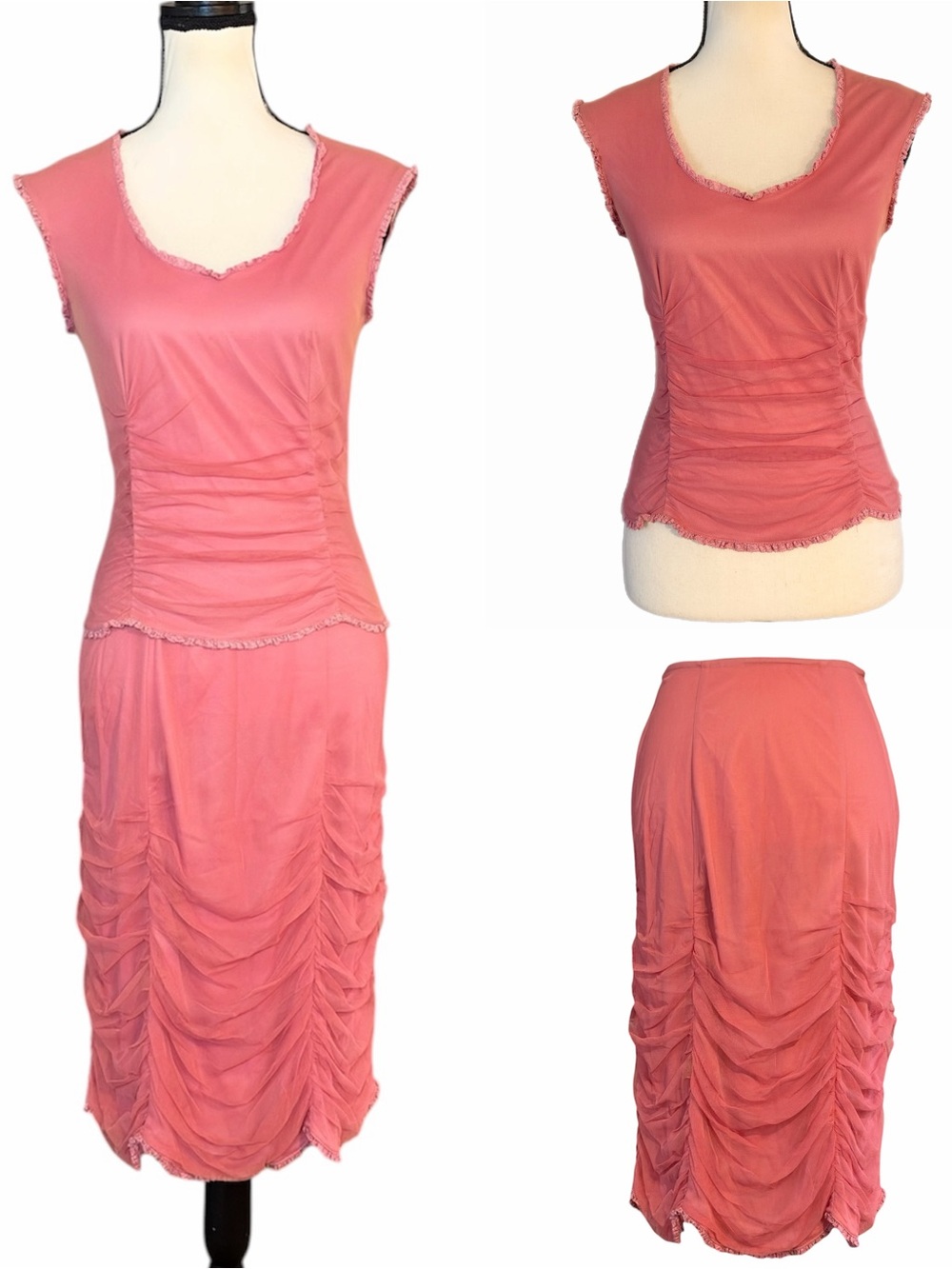Vintage Betsey Johnson New York Pink Sheer Mesh Lace Ruched Top & Midi Skirt Set
